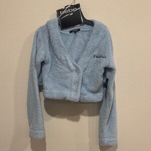 Bebe Baby Blue Fuzzy Fleece shorts and cardigan Set